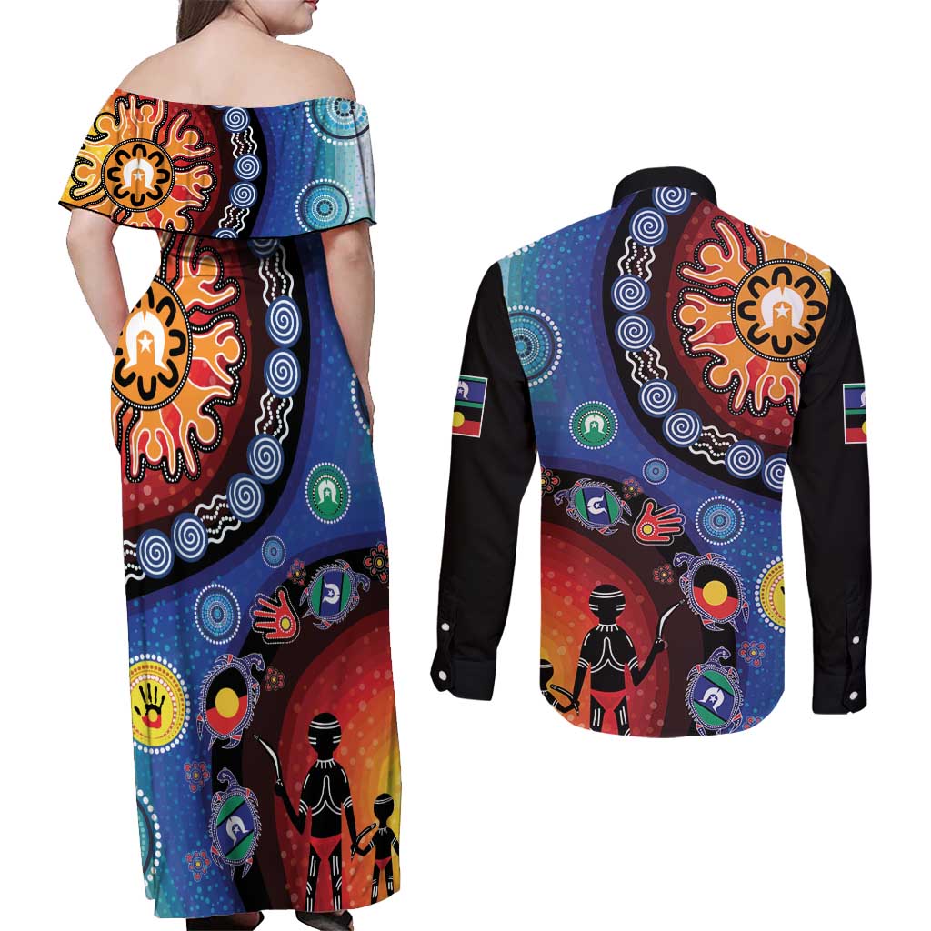 NAIDOC 2025 Our Voices Their Legacy Couples Matching Off Shoulder Maxi Dress and Long Sleeve Button Shirt