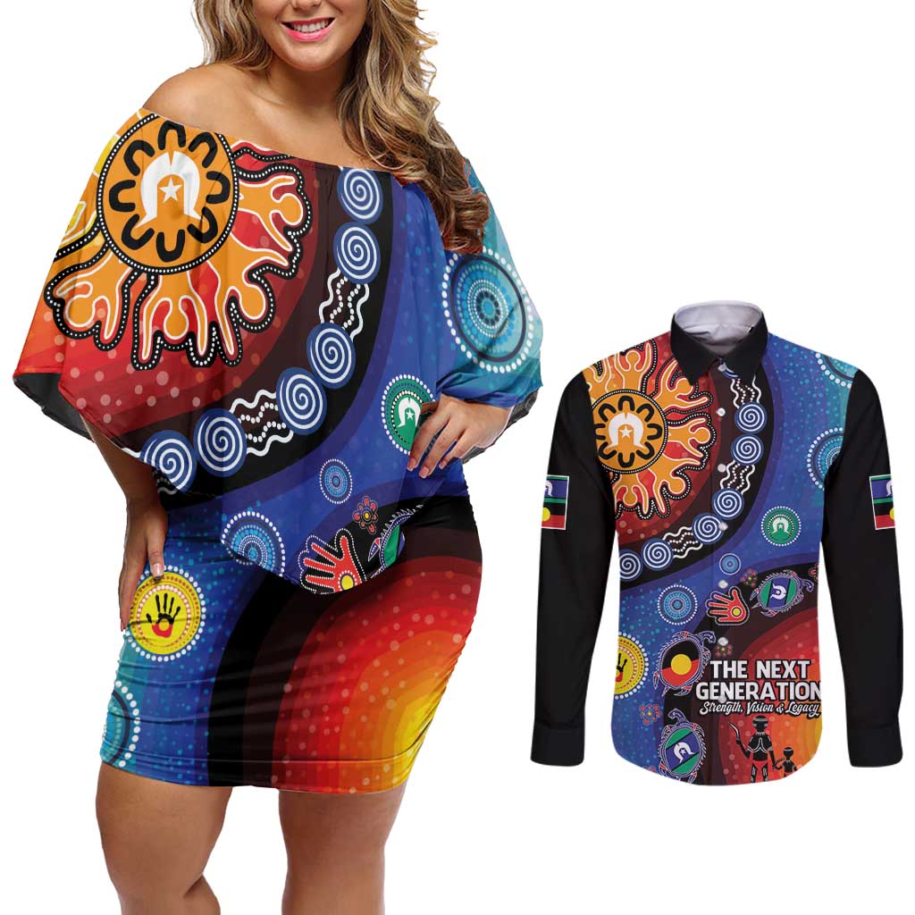 NAIDOC 2025 Our Voices Their Legacy Couples Matching Off Shoulder Short Dress and Long Sleeve Button Shirt
