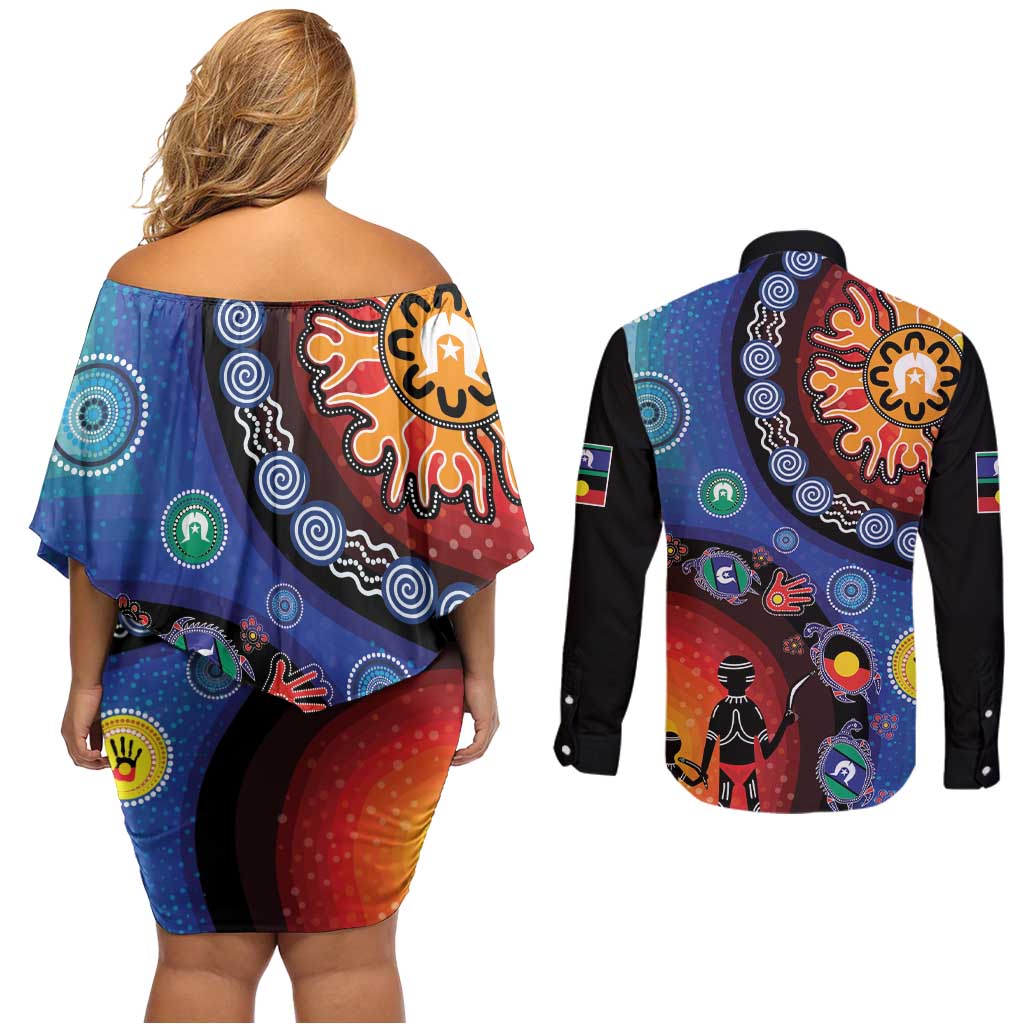 NAIDOC 2025 Our Voices Their Legacy Couples Matching Off Shoulder Short Dress and Long Sleeve Button Shirt