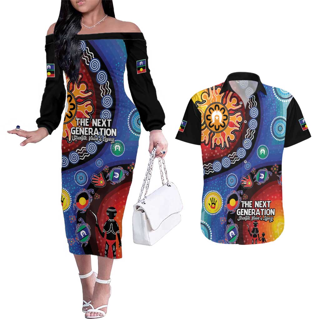NAIDOC 2025 Our Voices Their Legacy Couples Matching Off The Shoulder Long Sleeve Dress and Hawaiian Shirt