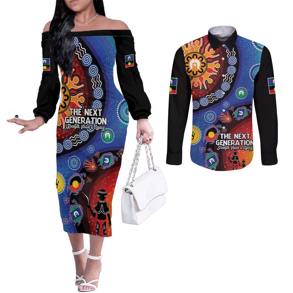 NAIDOC 2025 Our Voices Their Legacy Couples Matching Off The Shoulder Long Sleeve Dress and Long Sleeve Button Shirt