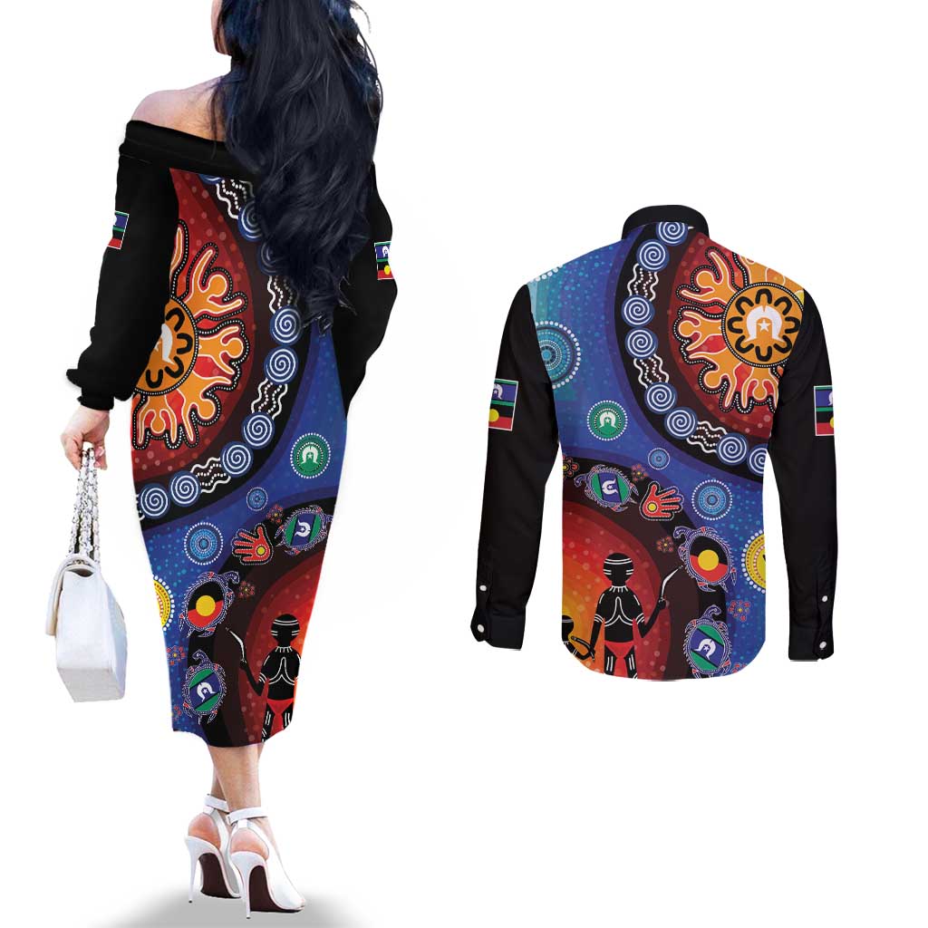 NAIDOC 2025 Our Voices Their Legacy Couples Matching Off The Shoulder Long Sleeve Dress and Long Sleeve Button Shirt