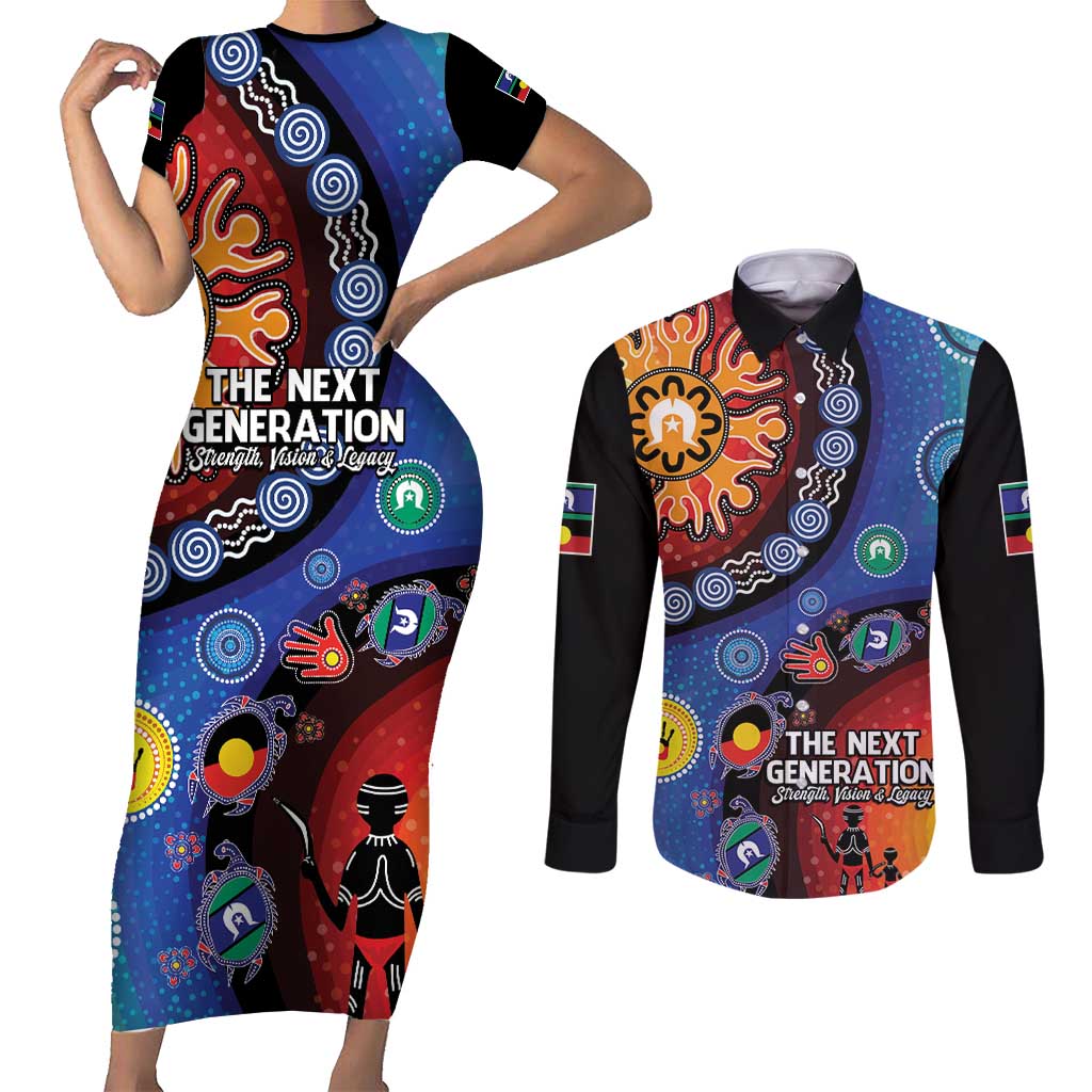 NAIDOC 2025 Our Voices Their Legacy Couples Matching Short Sleeve Bodycon Dress and Long Sleeve Button Shirt