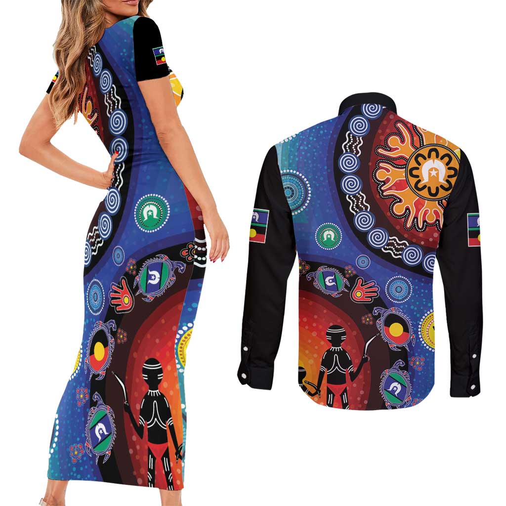 NAIDOC 2025 Our Voices Their Legacy Couples Matching Short Sleeve Bodycon Dress and Long Sleeve Button Shirt