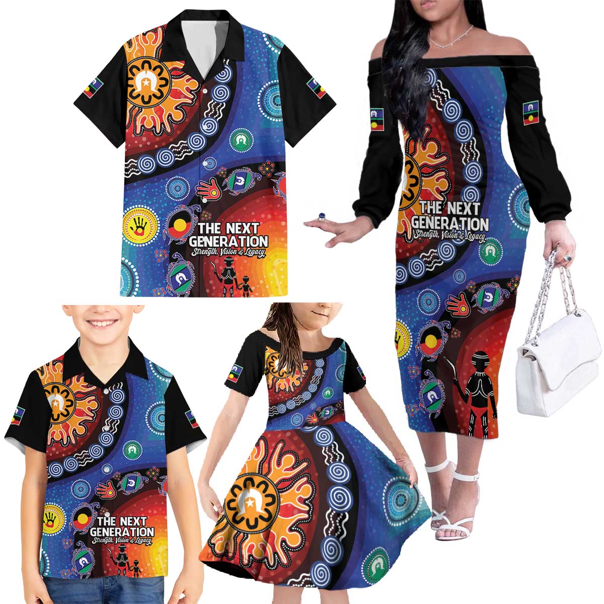 NAIDOC 2025 Our Voices Their Legacy Family Matching Off The Shoulder Long Sleeve Dress and Hawaiian Shirt