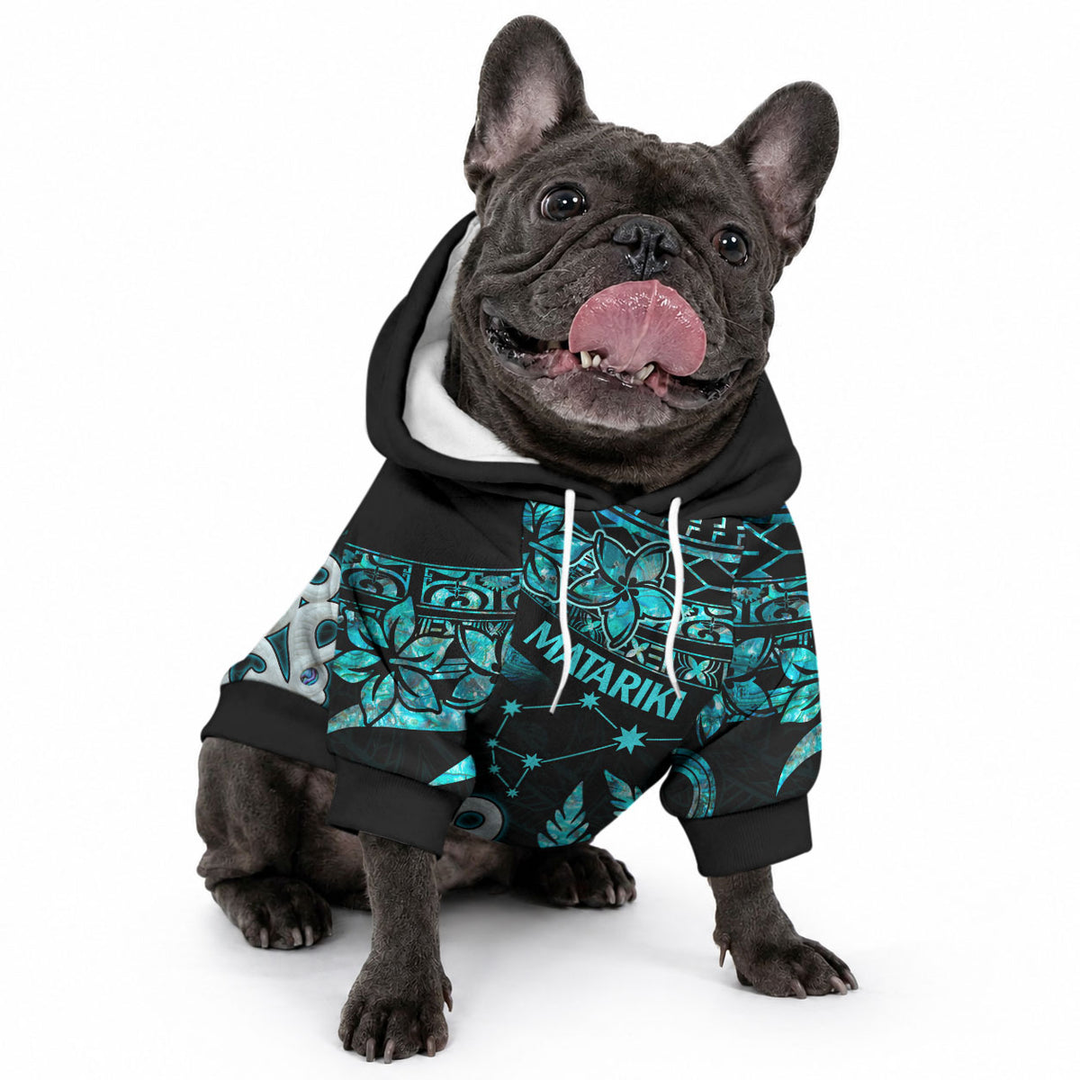 Matariki New Zealand Pet Hoodie Maori Manaia with Paua Shell - Aqua