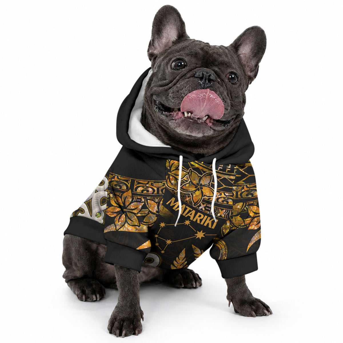 Matariki Stars Manaia with Paua Shell - Gold Pet Hoodie