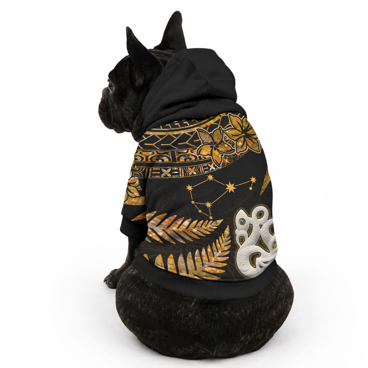 Matariki Stars Manaia with Paua Shell - Gold Pet Hoodie