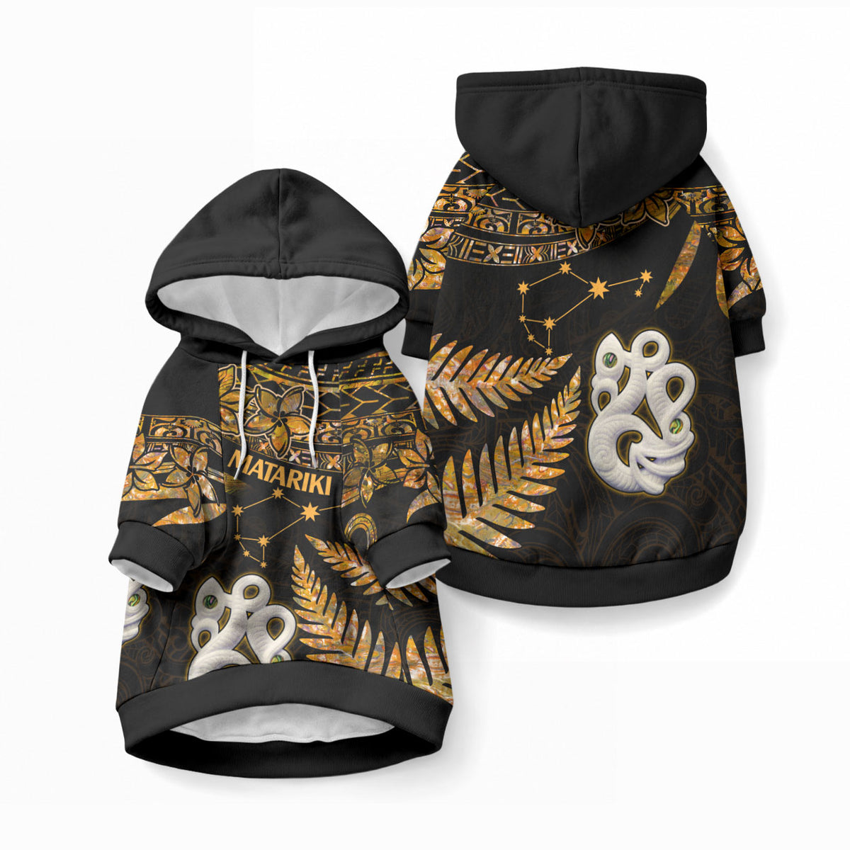 Matariki Stars Manaia with Paua Shell - Gold Pet Hoodie