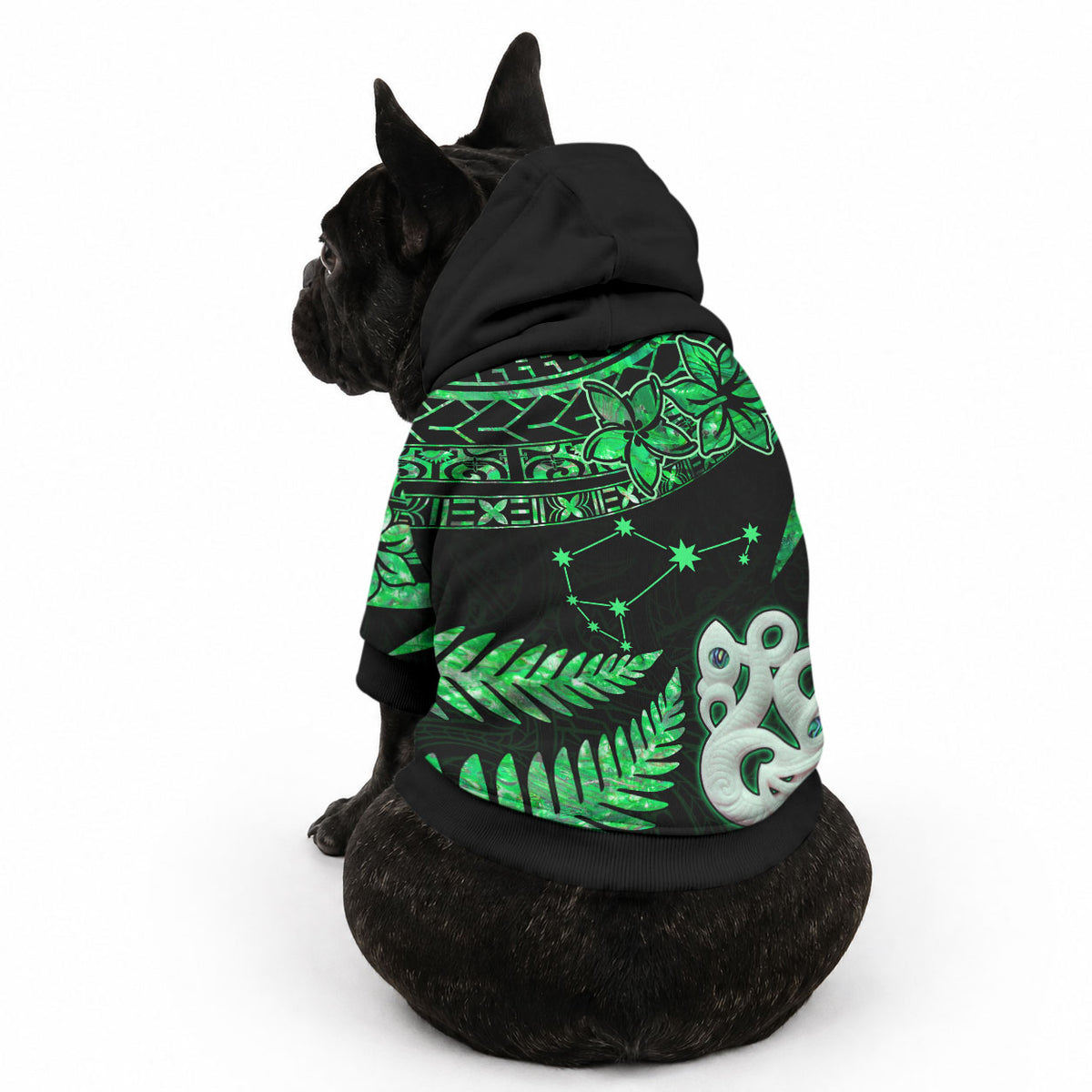 Matariki Stars Manaia with Paua Shell - Green Pet Hoodie