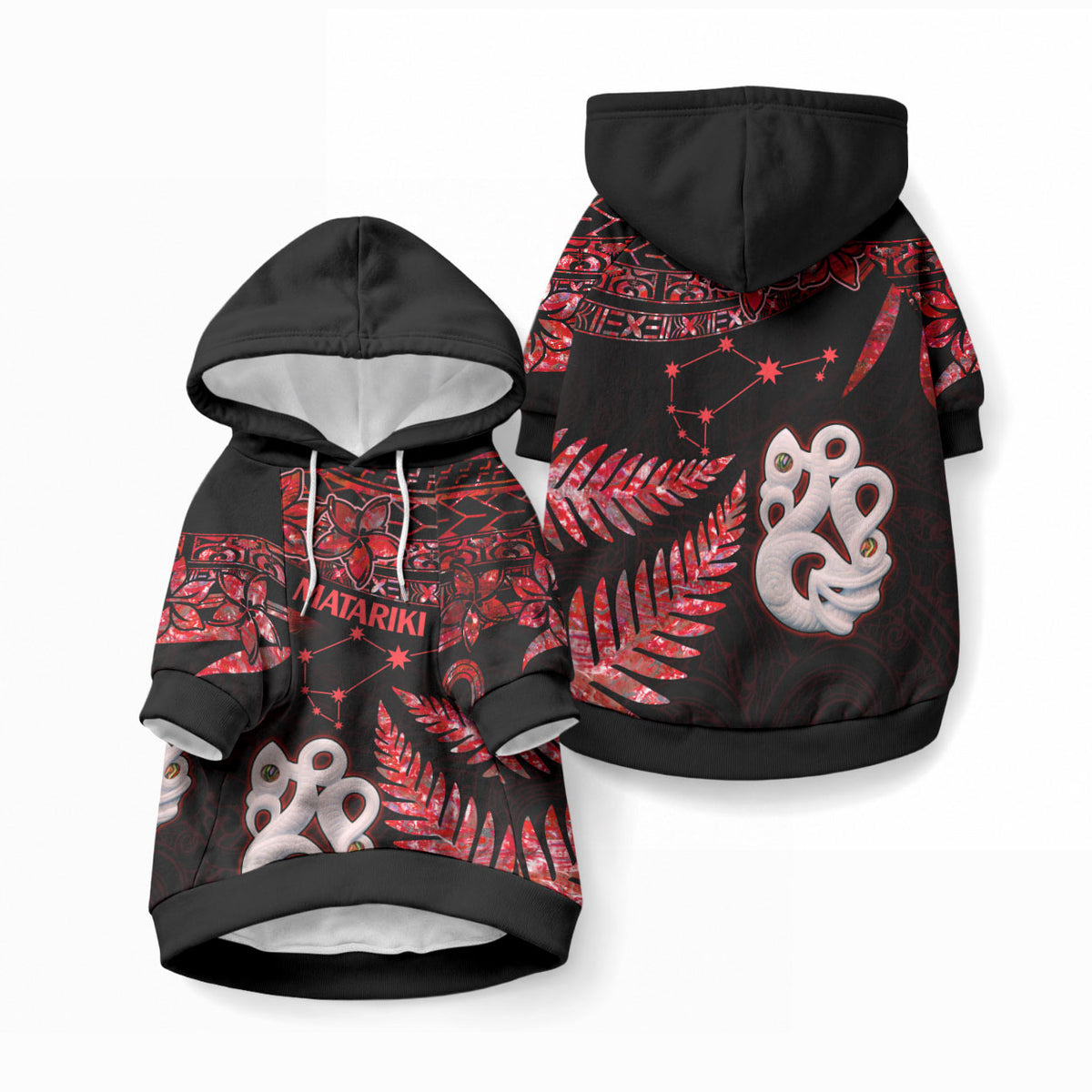 Matariki Pet Hoodie NZ New Year Manaia with Paua Shell - Red