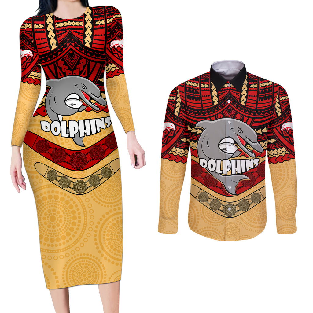 dolphins-rugby-couples-matching-long-sleeve-bodycon-dress-and-long-sleeve-button-shirts-polynesian-and-aboriginal-vibe