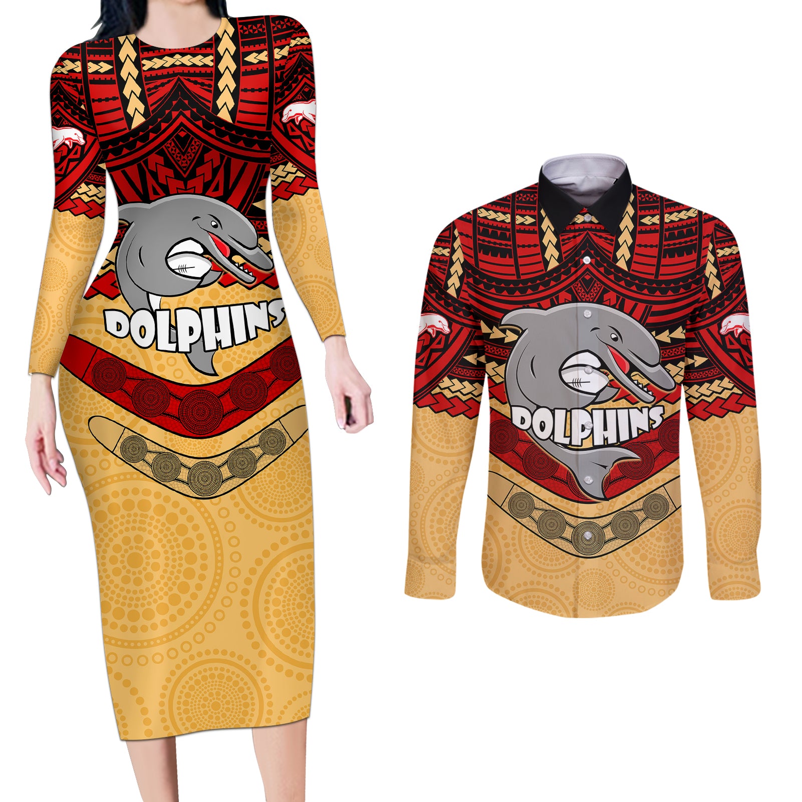 dolphins-rugby-couples-matching-long-sleeve-bodycon-dress-and-long-sleeve-button-shirts-polynesian-and-aboriginal-vibe