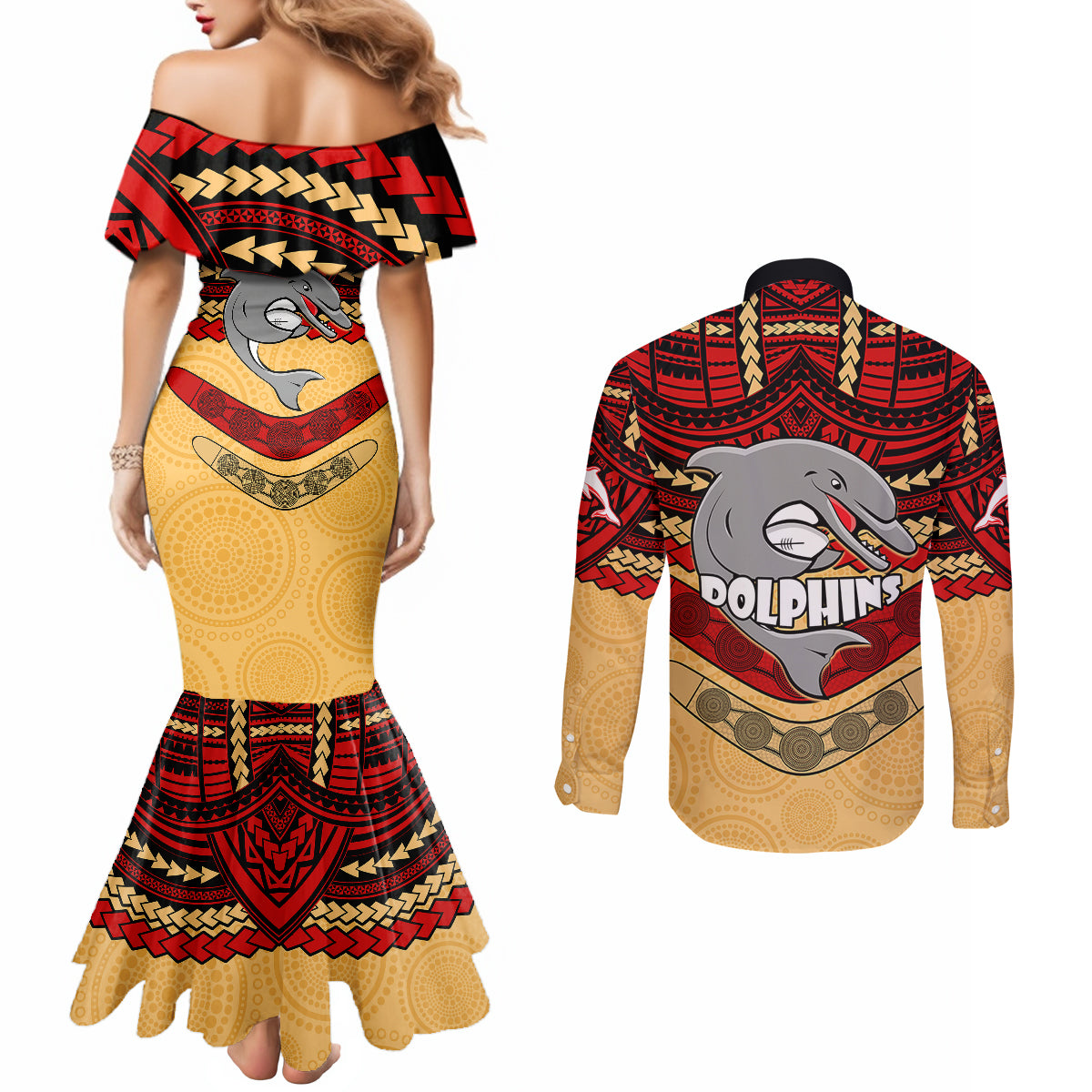dolphins-rugby-couples-matching-mermaid-dress-and-long-sleeve-button-shirts-polynesian-and-aboriginal-vibe