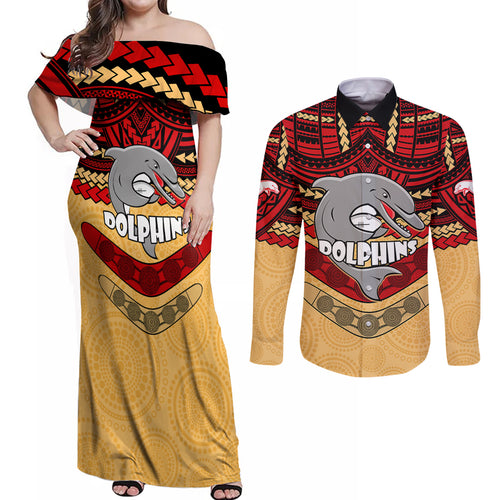 dolphins-rugby-couples-matching-off-shoulder-maxi-dress-and-long-sleeve-button-shirts-polynesian-and-aboriginal-vibe