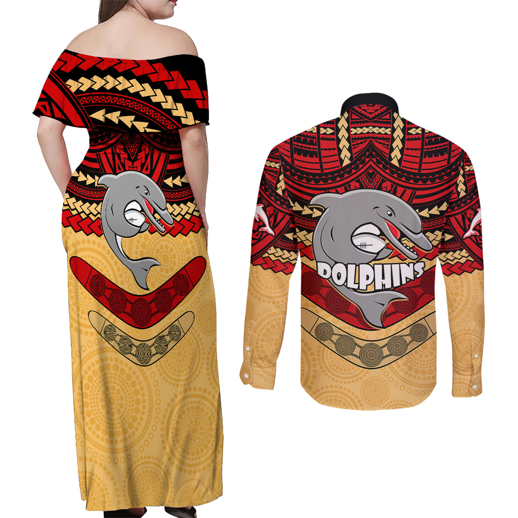 dolphins-rugby-couples-matching-off-shoulder-maxi-dress-and-long-sleeve-button-shirts-polynesian-and-aboriginal-vibe