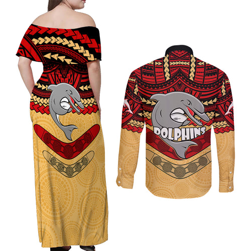 dolphins-rugby-couples-matching-off-shoulder-maxi-dress-and-long-sleeve-button-shirts-polynesian-and-aboriginal-vibe