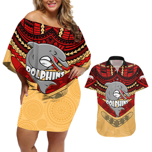 dolphins-rugby-couples-matching-off-shoulder-short-dress-and-hawaiian-shirt-polynesian-and-aboriginal-vibe