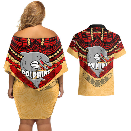 dolphins-rugby-couples-matching-off-shoulder-short-dress-and-hawaiian-shirt-polynesian-and-aboriginal-vibe