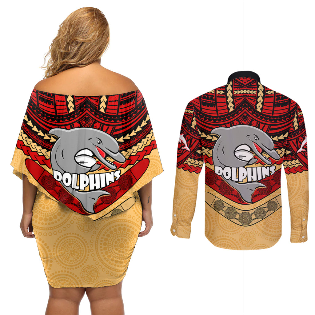 dolphins-rugby-couples-matching-off-shoulder-short-dress-and-long-sleeve-button-shirts-polynesian-and-aboriginal-vibe