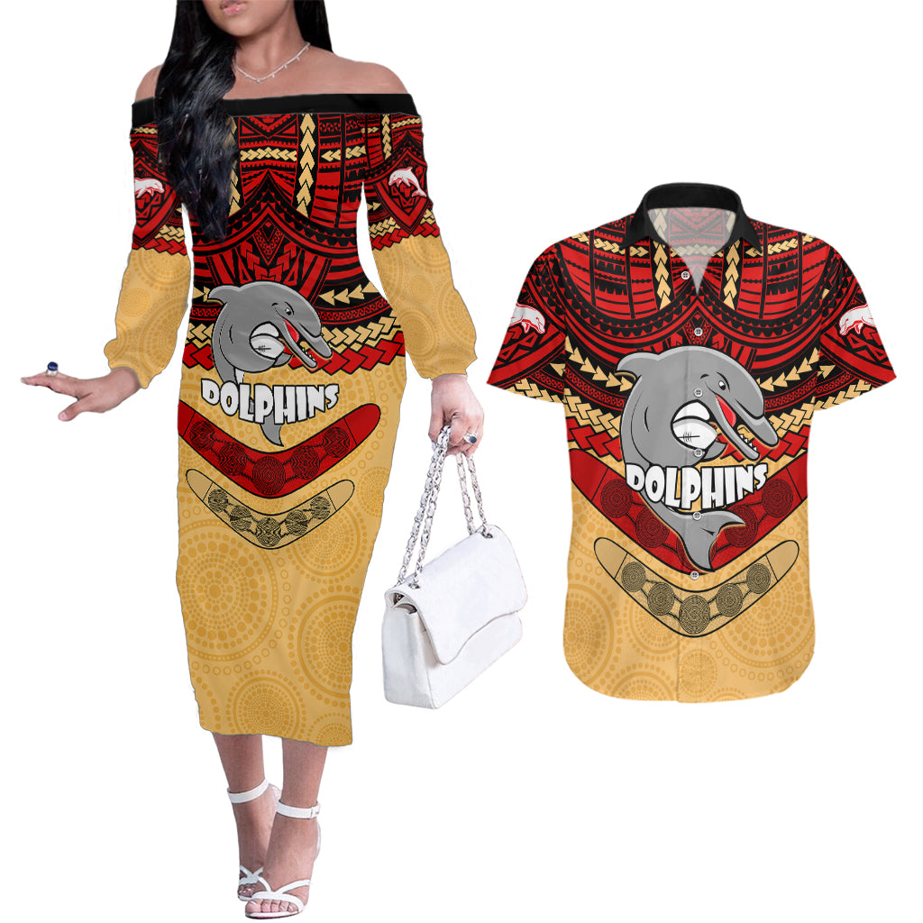 dolphins-rugby-couples-matching-off-the-shoulder-long-sleeve-dress-and-hawaiian-shirt-polynesian-and-aboriginal-vibe