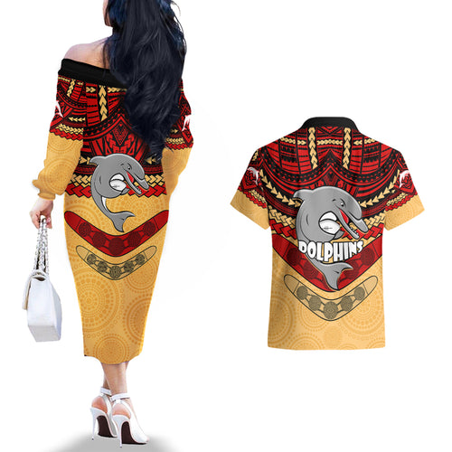 dolphins-rugby-couples-matching-off-the-shoulder-long-sleeve-dress-and-hawaiian-shirt-polynesian-and-aboriginal-vibe