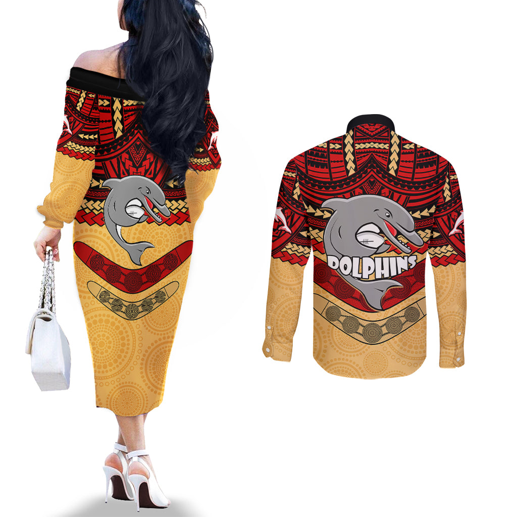 dolphins-rugby-couples-matching-off-the-shoulder-long-sleeve-dress-and-long-sleeve-button-shirts-polynesian-and-aboriginal-vibe