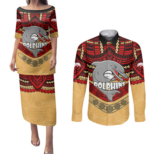 dolphins-rugby-couples-matching-puletasi-dress-and-long-sleeve-button-shirts-polynesian-and-aboriginal-vibe