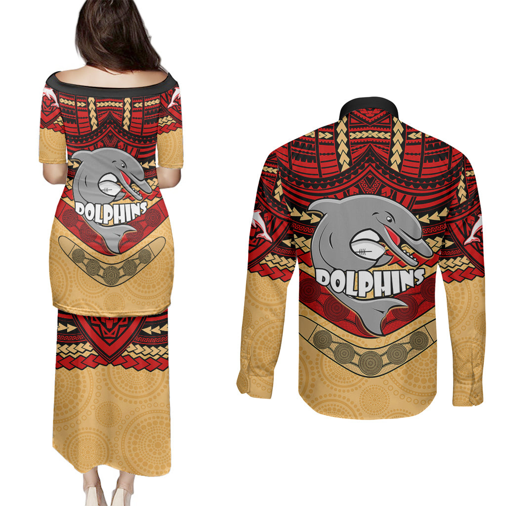 dolphins-rugby-couples-matching-puletasi-dress-and-long-sleeve-button-shirts-polynesian-and-aboriginal-vibe