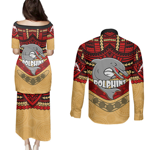 dolphins-rugby-couples-matching-puletasi-dress-and-long-sleeve-button-shirts-polynesian-and-aboriginal-vibe