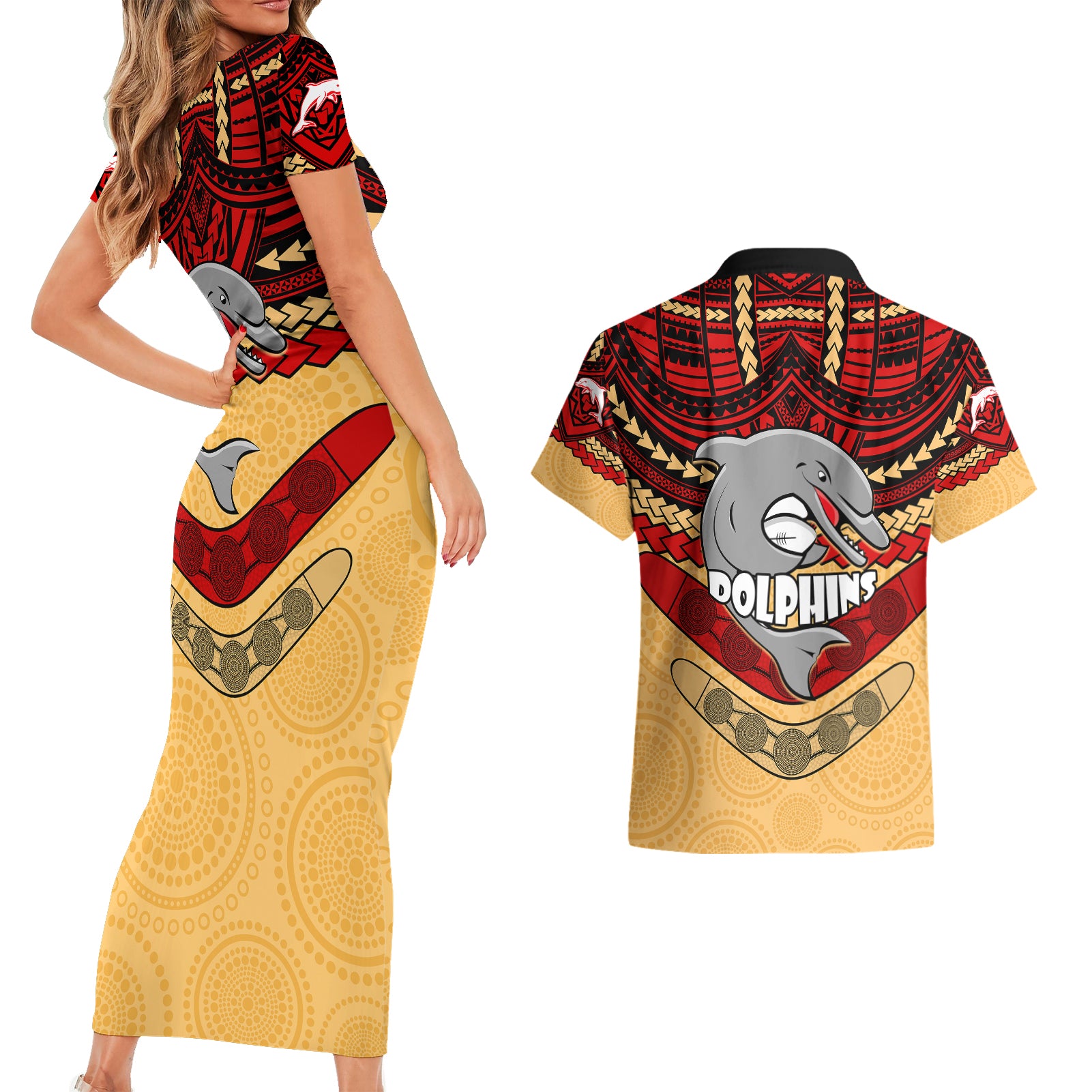 dolphins-rugby-couples-matching-short-sleeve-bodycon-dress-and-hawaiian-shirt-polynesian-and-aboriginal-vibe