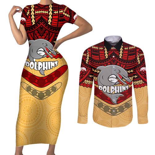 dolphins-rugby-couples-matching-short-sleeve-bodycon-dress-and-long-sleeve-button-shirts-polynesian-and-aboriginal-vibe