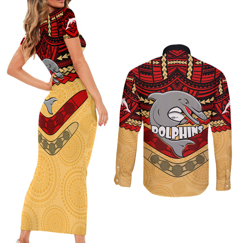 dolphins-rugby-couples-matching-short-sleeve-bodycon-dress-and-long-sleeve-button-shirts-polynesian-and-aboriginal-vibe