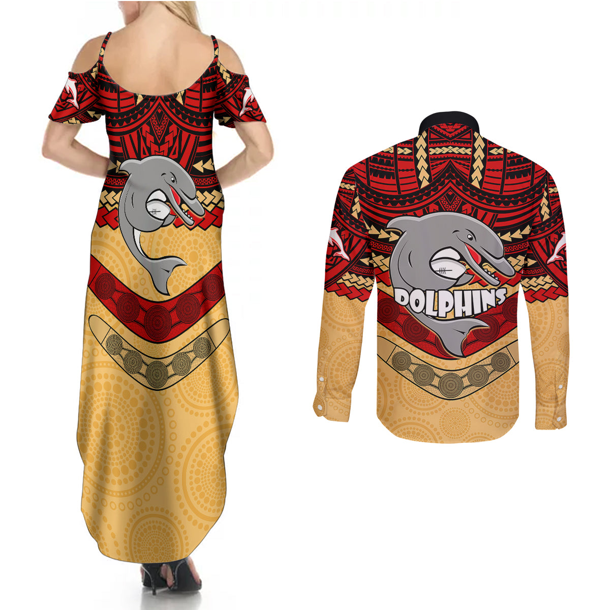 dolphins-rugby-couples-matching-summer-maxi-dress-and-long-sleeve-button-shirts-polynesian-and-aboriginal-vibe