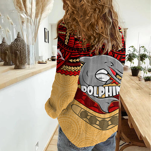 Dolphins Rugby Women Casual Shirt Polynesian and Aboriginal Vibe LT9