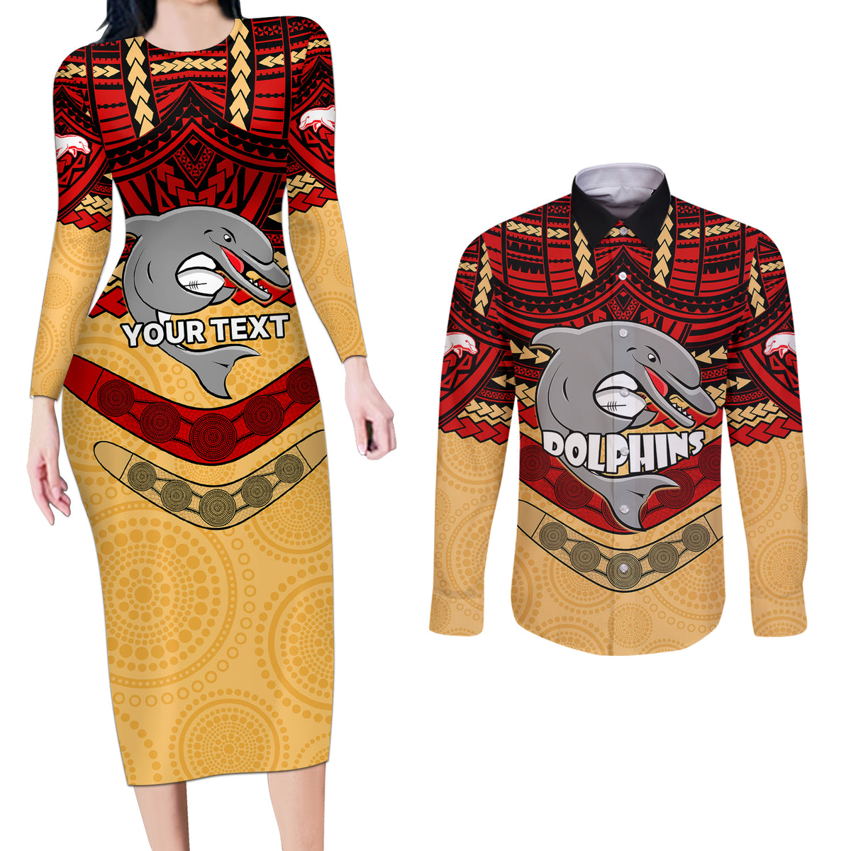 custom-dolphins-rugby-couples-matching-long-sleeve-bodycon-dress-and-long-sleeve-button-shirts-polynesian-and-aboriginal-vibe