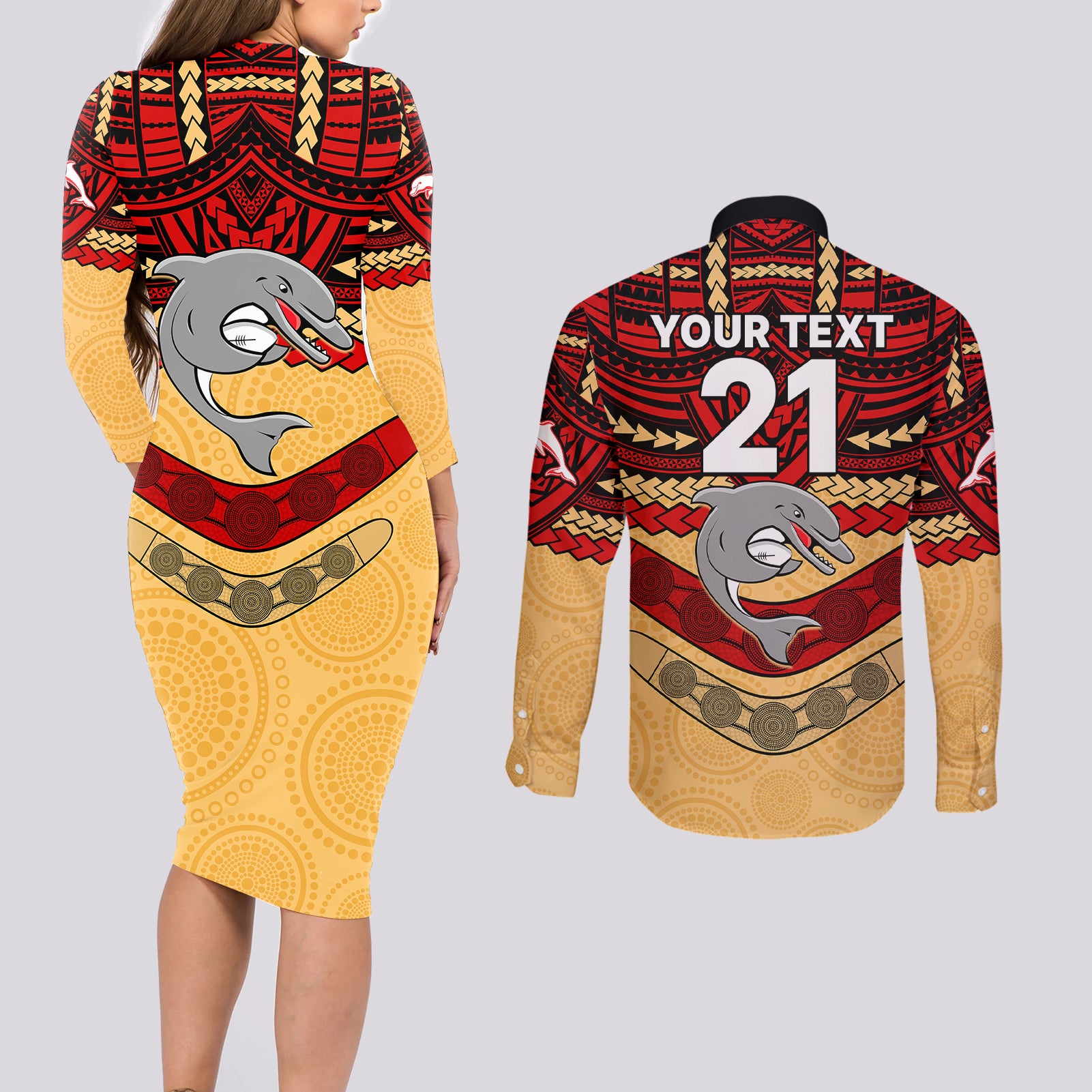 custom-dolphins-rugby-couples-matching-long-sleeve-bodycon-dress-and-long-sleeve-button-shirts-polynesian-and-aboriginal-vibe