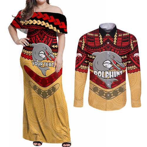 custom-dolphins-rugby-couples-matching-off-shoulder-maxi-dress-and-long-sleeve-button-shirts-polynesian-and-aboriginal-vibe