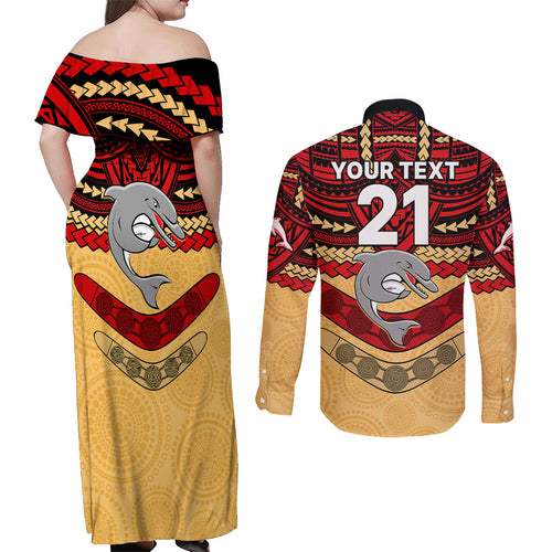 custom-dolphins-rugby-couples-matching-off-shoulder-maxi-dress-and-long-sleeve-button-shirts-polynesian-and-aboriginal-vibe