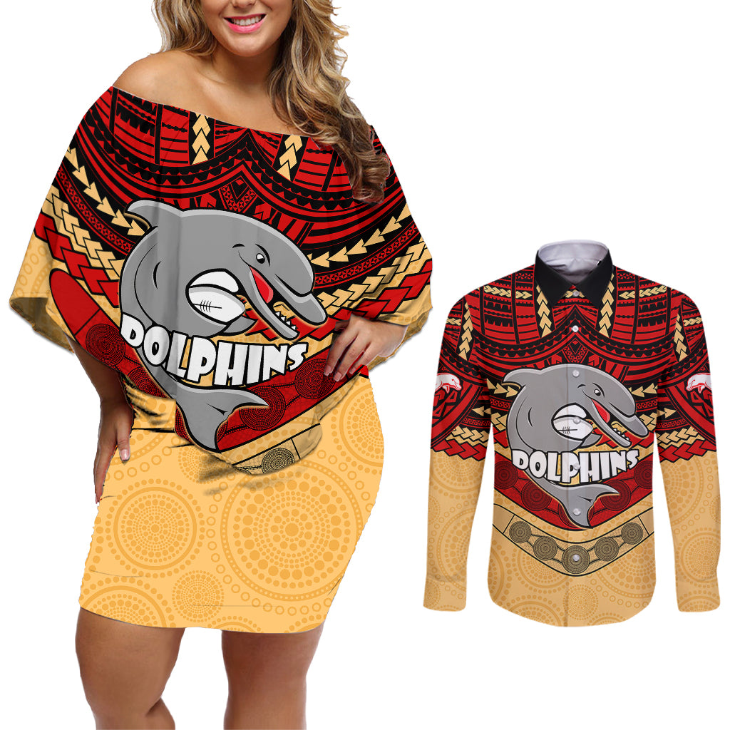 custom-dolphins-rugby-couples-matching-off-shoulder-short-dress-and-long-sleeve-button-shirts-polynesian-and-aboriginal-vibe