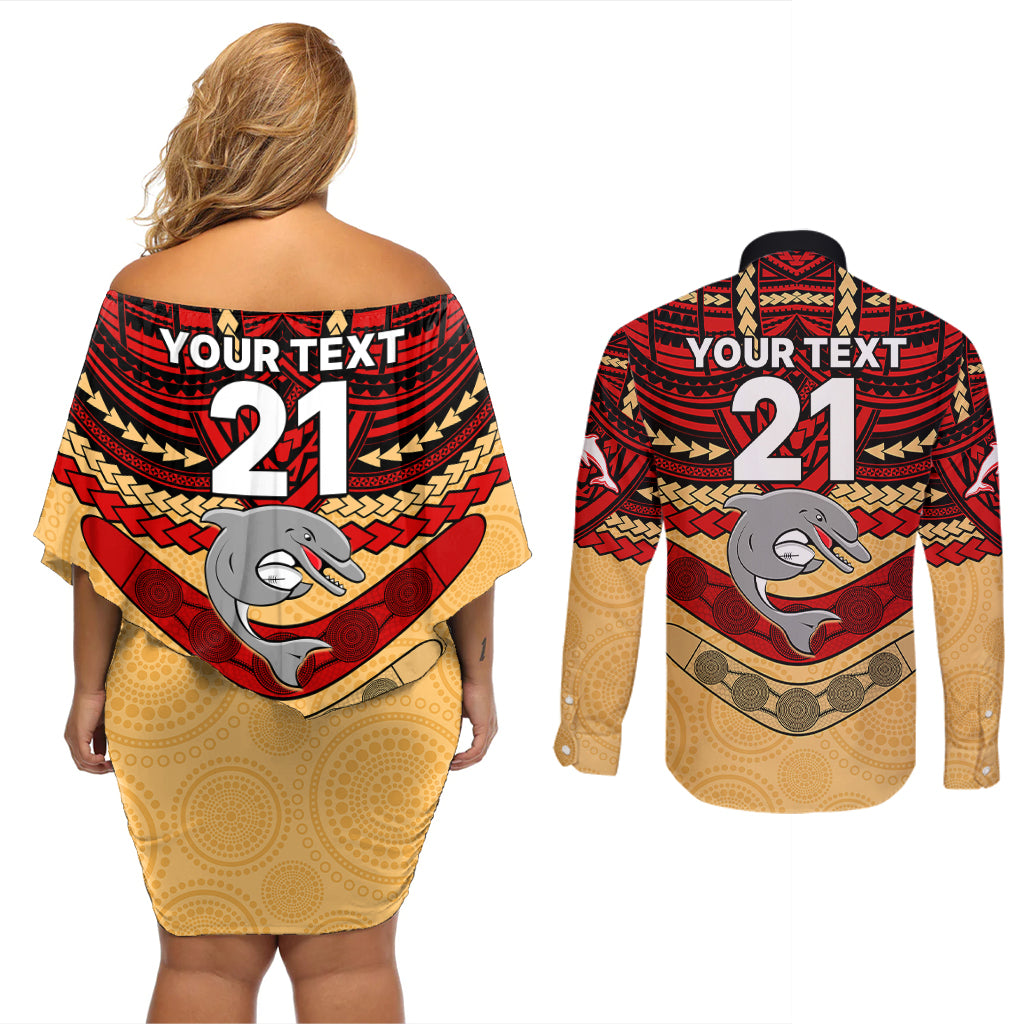 custom-dolphins-rugby-couples-matching-off-shoulder-short-dress-and-long-sleeve-button-shirts-polynesian-and-aboriginal-vibe