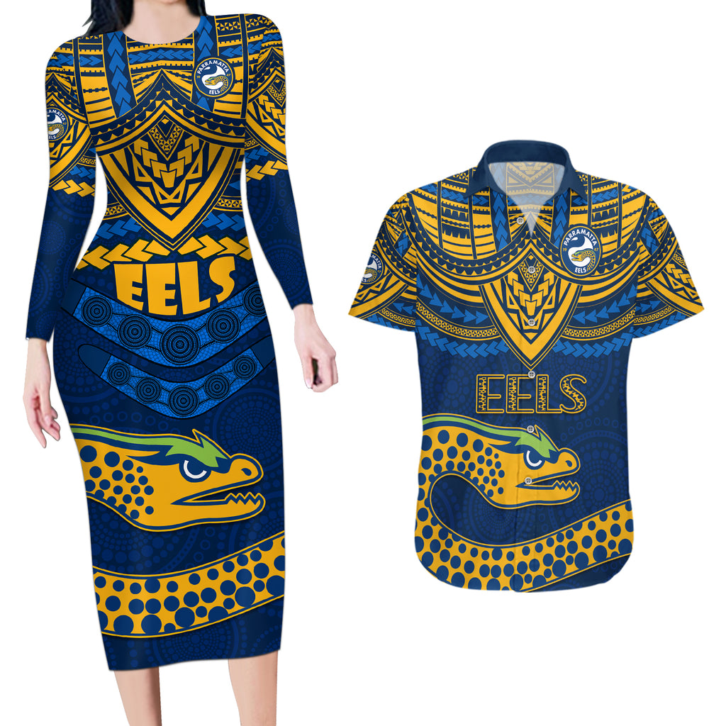 eels-rugby-couples-matching-long-sleeve-bodycon-dress-and-hawaiian-shirt-polynesian-and-aboriginal-vibe