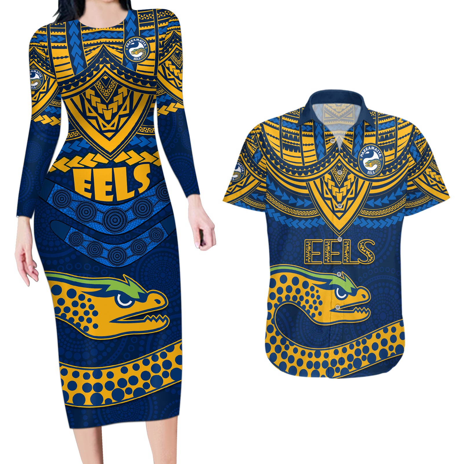 eels-rugby-couples-matching-long-sleeve-bodycon-dress-and-hawaiian-shirt-polynesian-and-aboriginal-vibe
