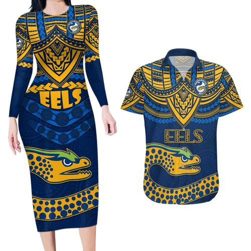 eels-rugby-couples-matching-long-sleeve-bodycon-dress-and-hawaiian-shirt-polynesian-and-aboriginal-vibe