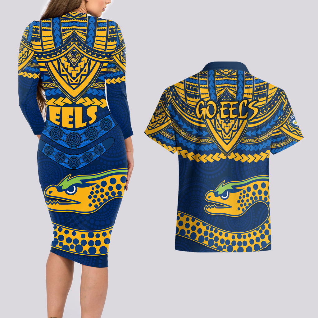 eels-rugby-couples-matching-long-sleeve-bodycon-dress-and-hawaiian-shirt-polynesian-and-aboriginal-vibe