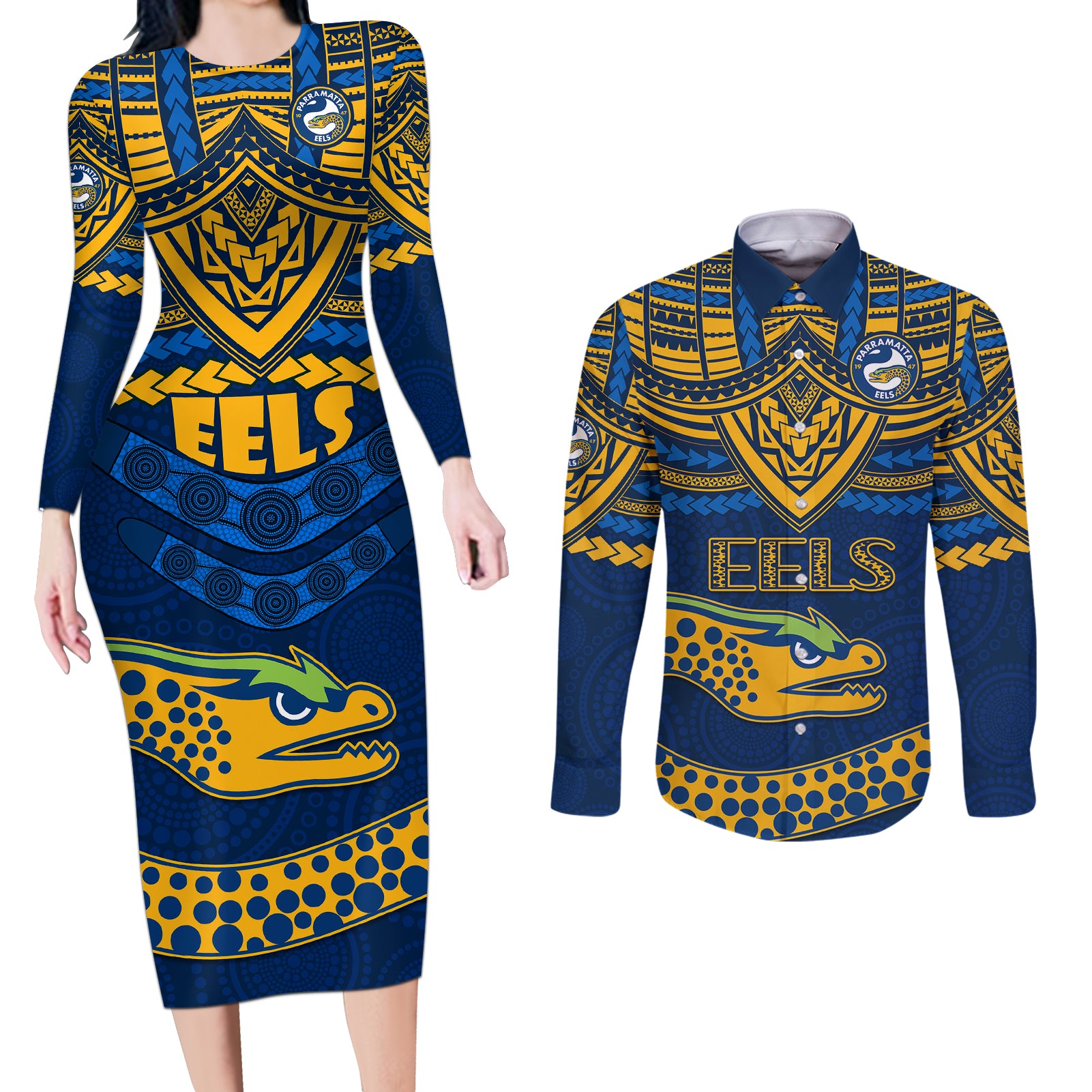 eels-rugby-couples-matching-long-sleeve-bodycon-dress-and-long-sleeve-button-shirts-polynesian-and-aboriginal-vibe