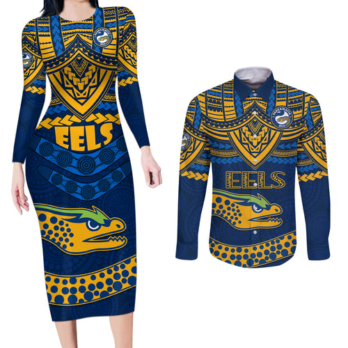 eels-rugby-couples-matching-long-sleeve-bodycon-dress-and-long-sleeve-button-shirts-polynesian-and-aboriginal-vibe