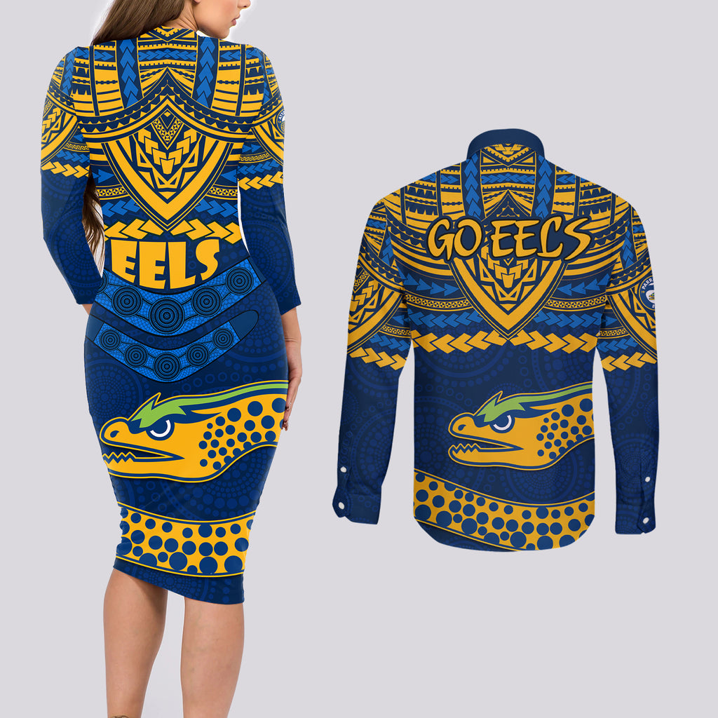 eels-rugby-couples-matching-long-sleeve-bodycon-dress-and-long-sleeve-button-shirts-polynesian-and-aboriginal-vibe