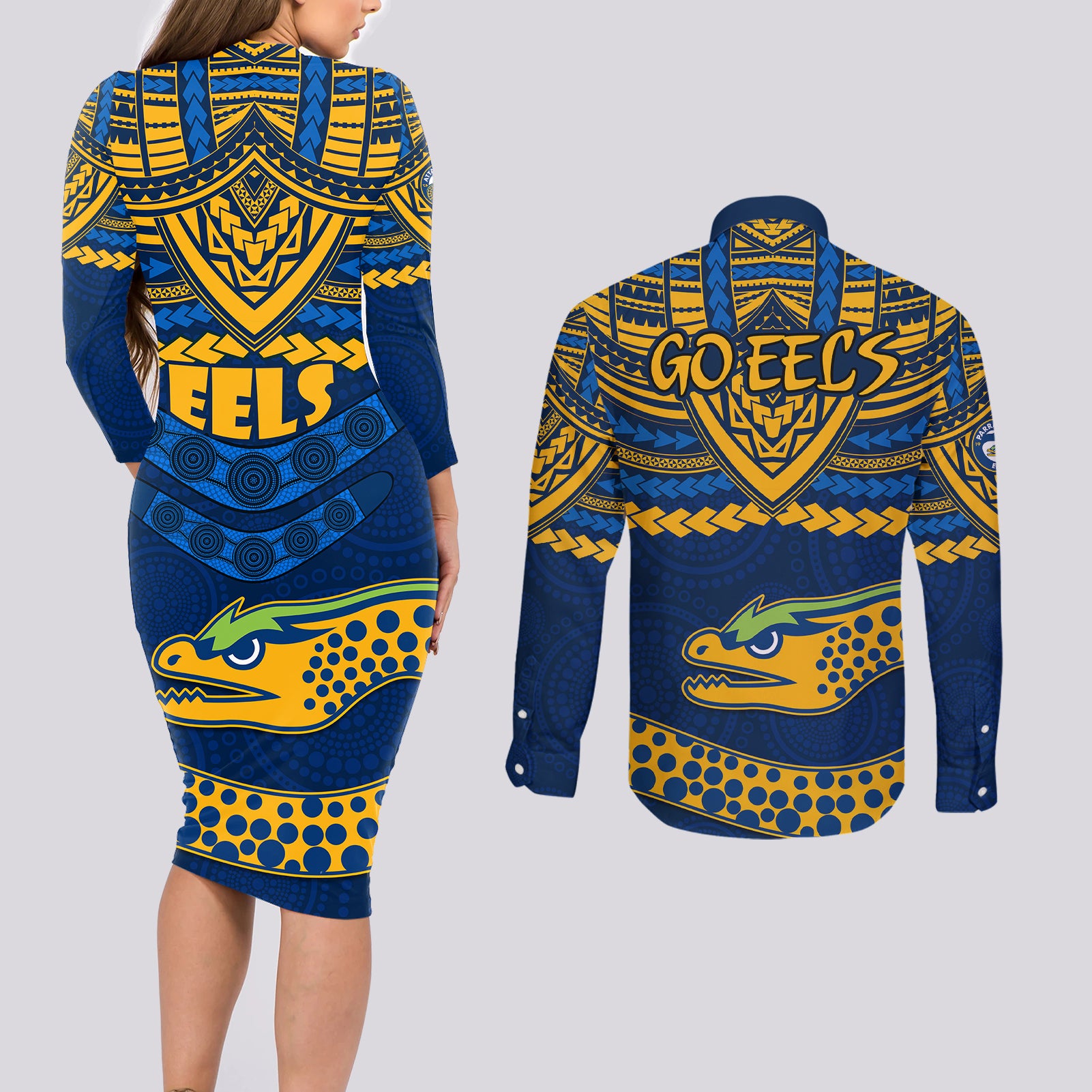 eels-rugby-couples-matching-long-sleeve-bodycon-dress-and-long-sleeve-button-shirts-polynesian-and-aboriginal-vibe