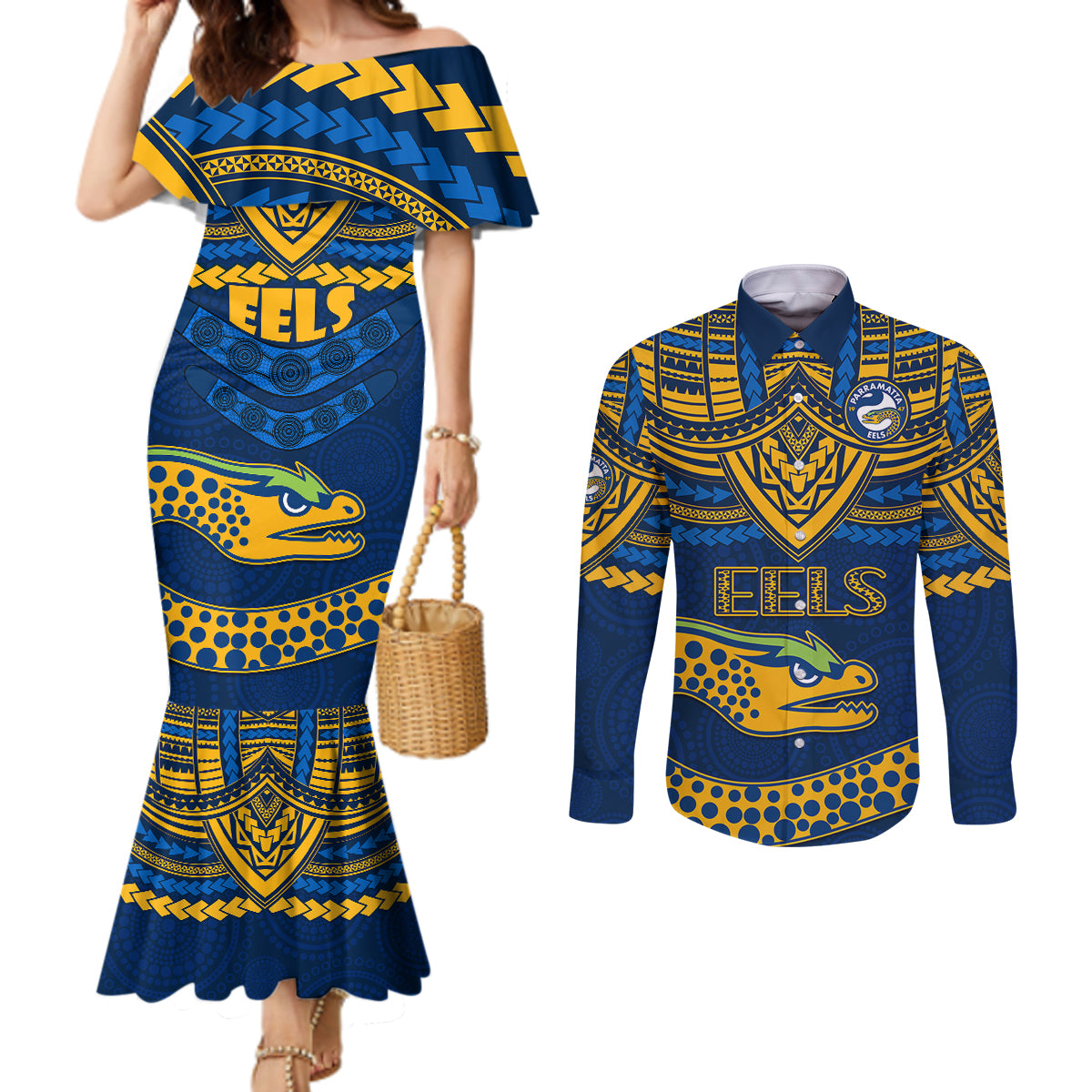 eels-rugby-couples-matching-mermaid-dress-and-long-sleeve-button-shirts-polynesian-and-aboriginal-vibe